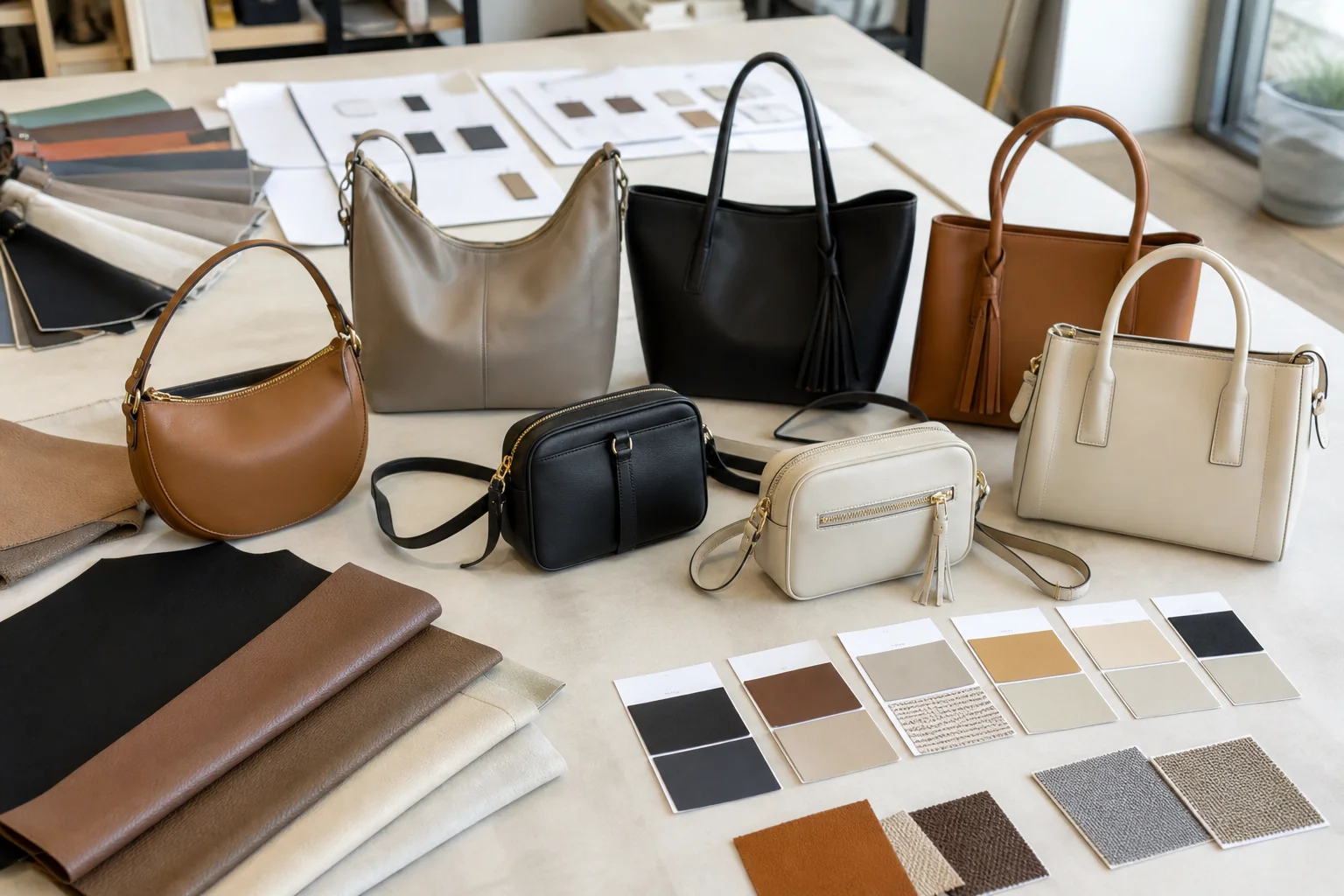 PU leather bag range being planned on a large work table with several bag styles grouped into a launch selection