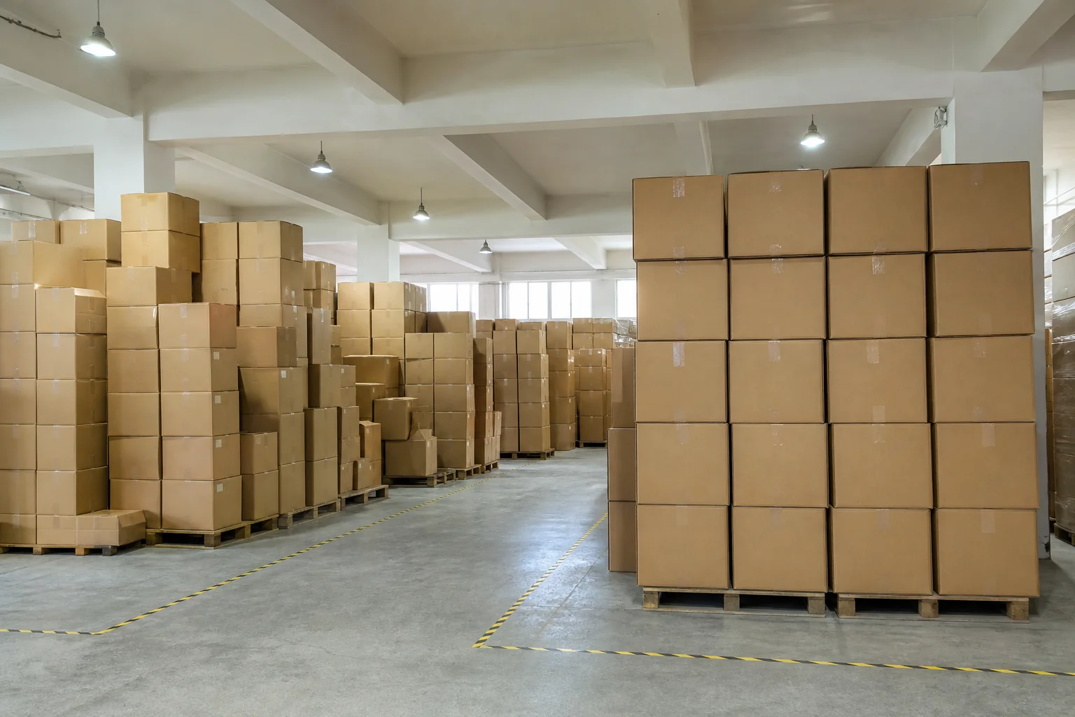 Bag factory warehouse with export cartons arranged in two groups showing stock depth difference between many shallow stacks and fewer deep stacks