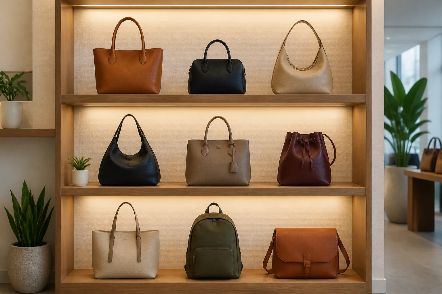 Neatly merchandised bag display shelf in a small retail showroom showing a limited selection of distinct bag styles