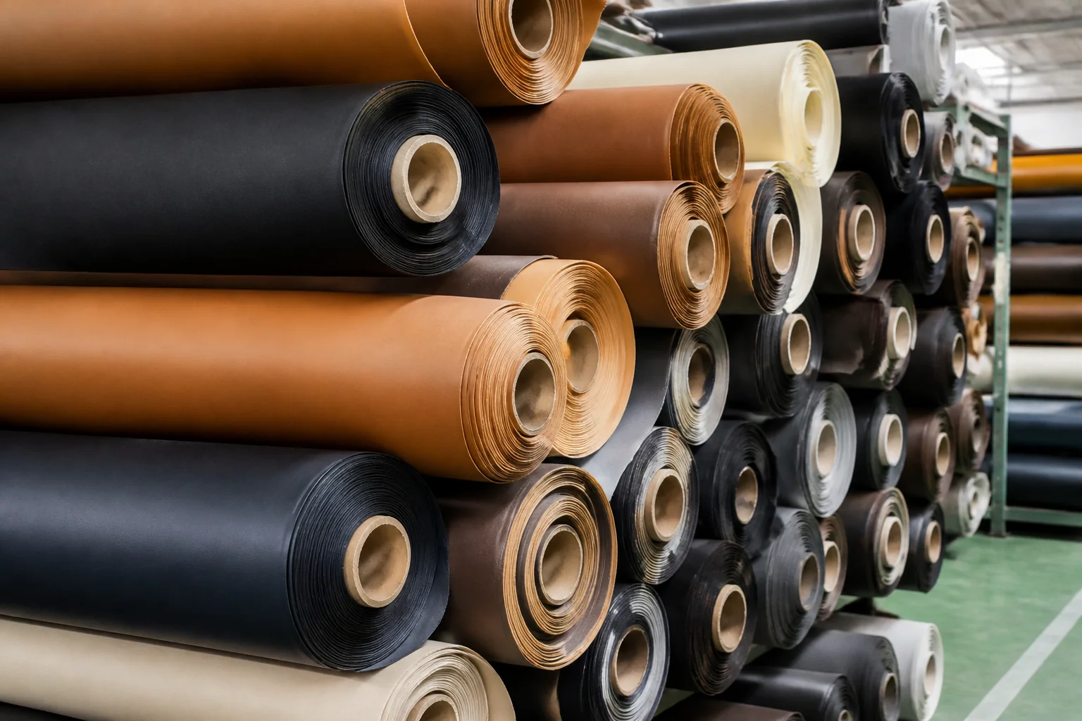 Rolls of PU leather coated fabric stacked in a factory material store ready for seasonal production runs
