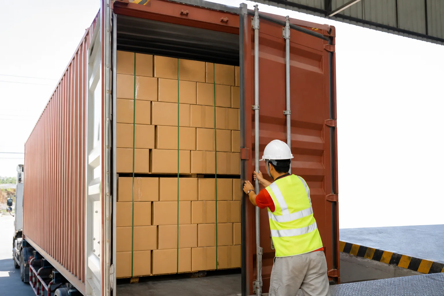 Loaded container being closed at a bag factory loading dock with stacked export cartons bound for a seasonal shipment