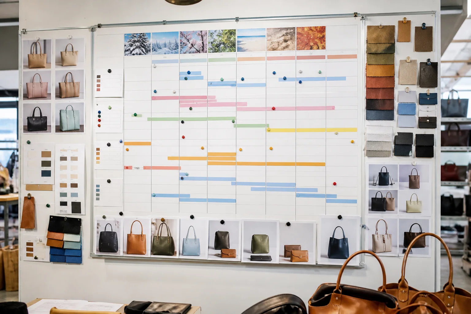Bag factory production planning board with a seasonal calendar of order stages, sample bags and material swatches