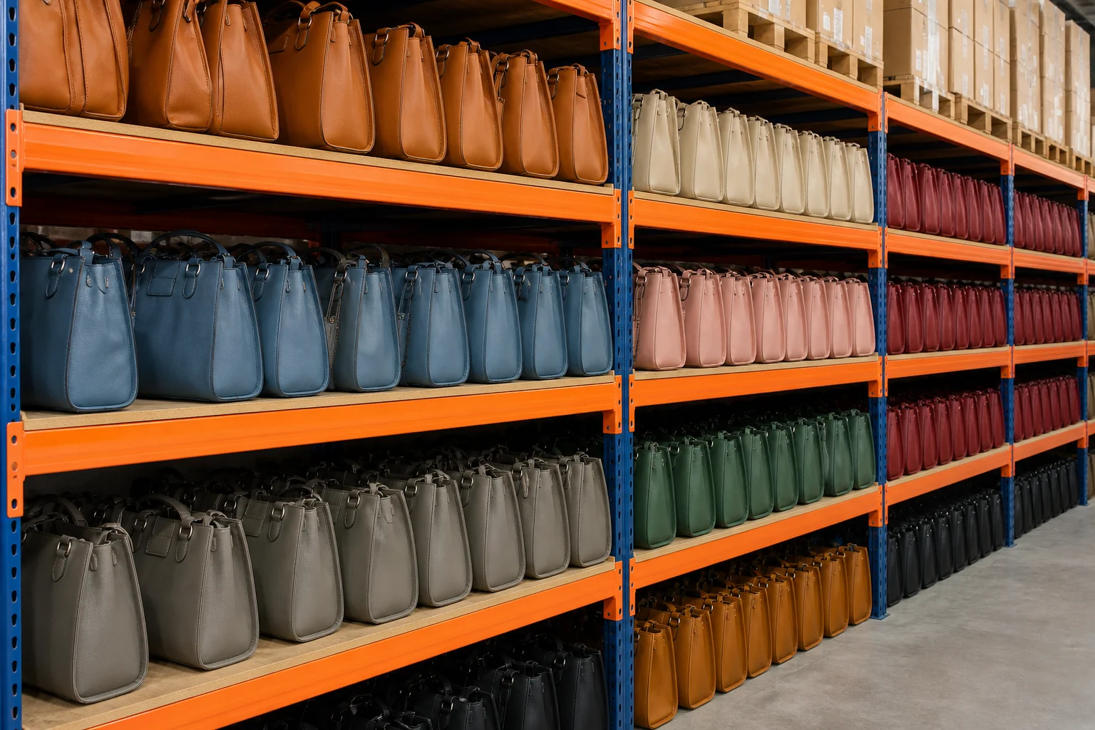 Warehouse racking holding rows of identical finished PU leather bags in several colours representing wholesale stock