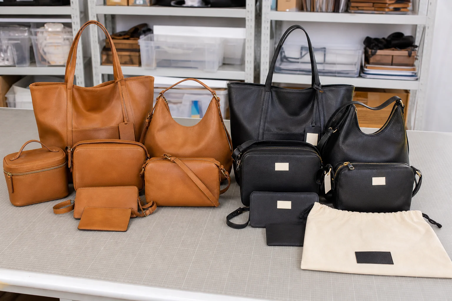 Two groups of PU leather bags side by side, one plain and unbranded and one with blank woven labels and a branded dust bag