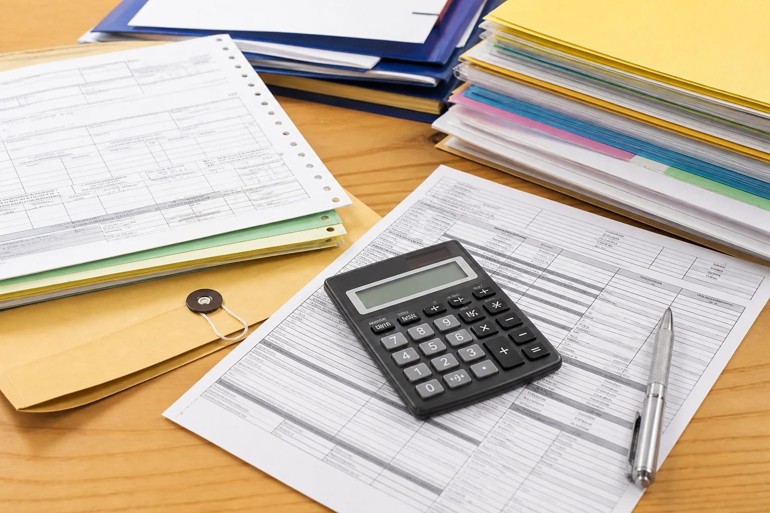 Import documentation desk with shipping folders, customs declaration forms and a calculator on a landed-cost worksheet