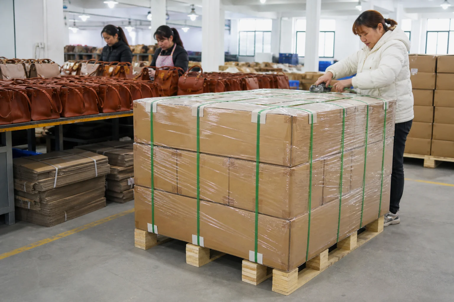 Factory export packing area with PU leather bags being packed into cartons on a pallet with strapping ready for ocean freight