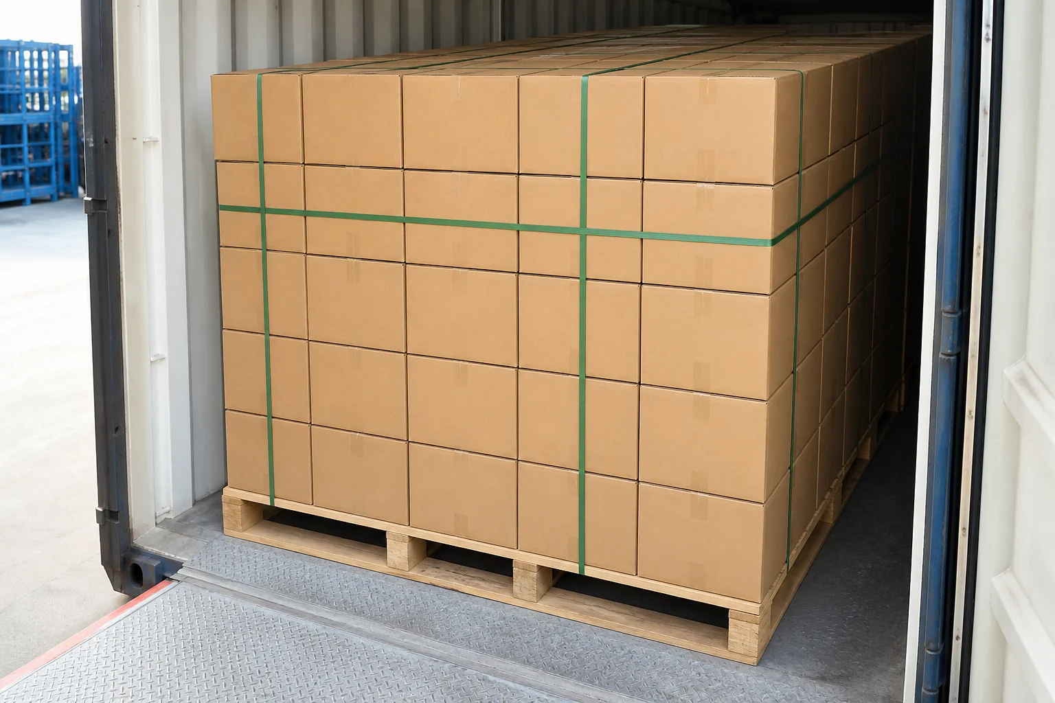 Export cartons neatly stacked and strapped on a pallet in a container loading area, cartons aligned to fill the floor space edge to edge