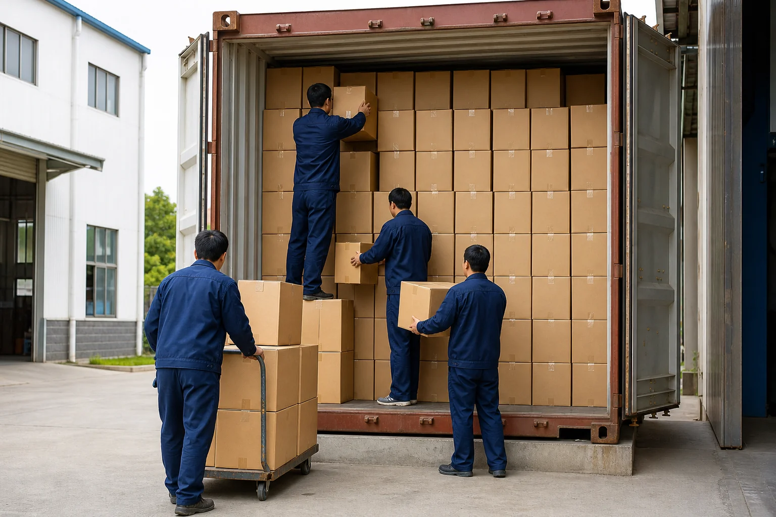 Workers loading export cartons into an open shipping container at a factory dock, stacked floor to ceiling and wall to wall