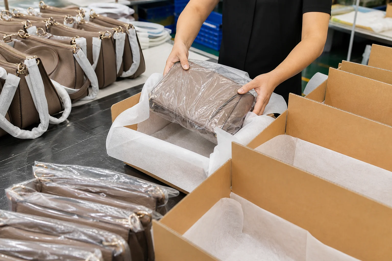PU leather bags being packed into export cartons on a factory packing bench with tissue wrapping and poly bags