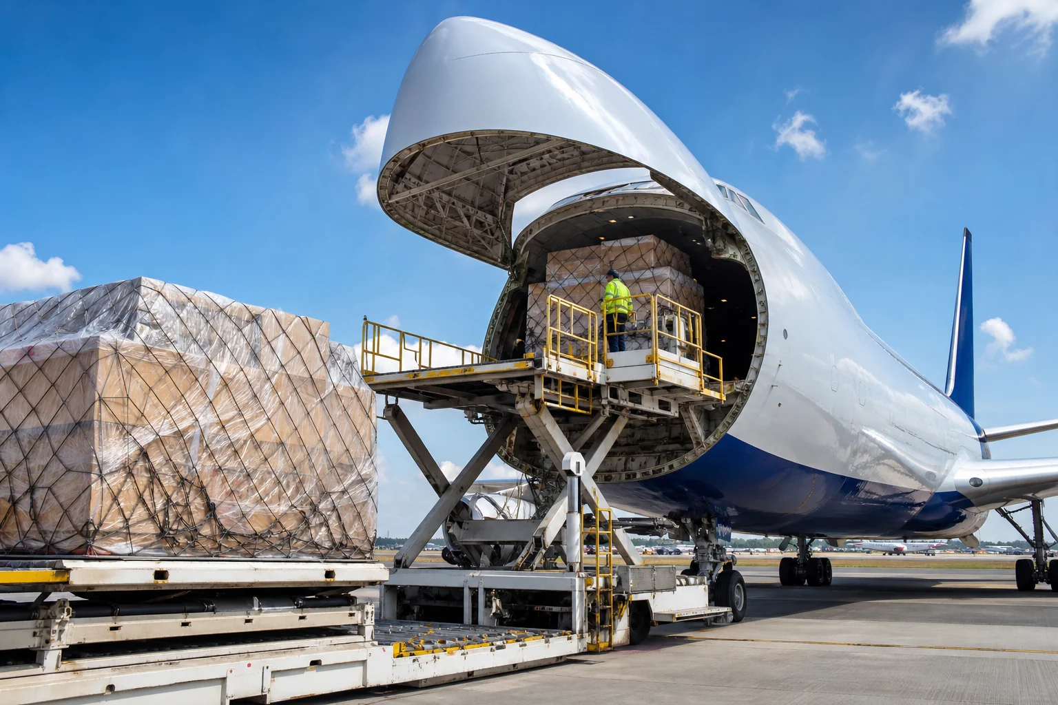 Cargo airplane being loaded with palletised freight at an air cargo terminal