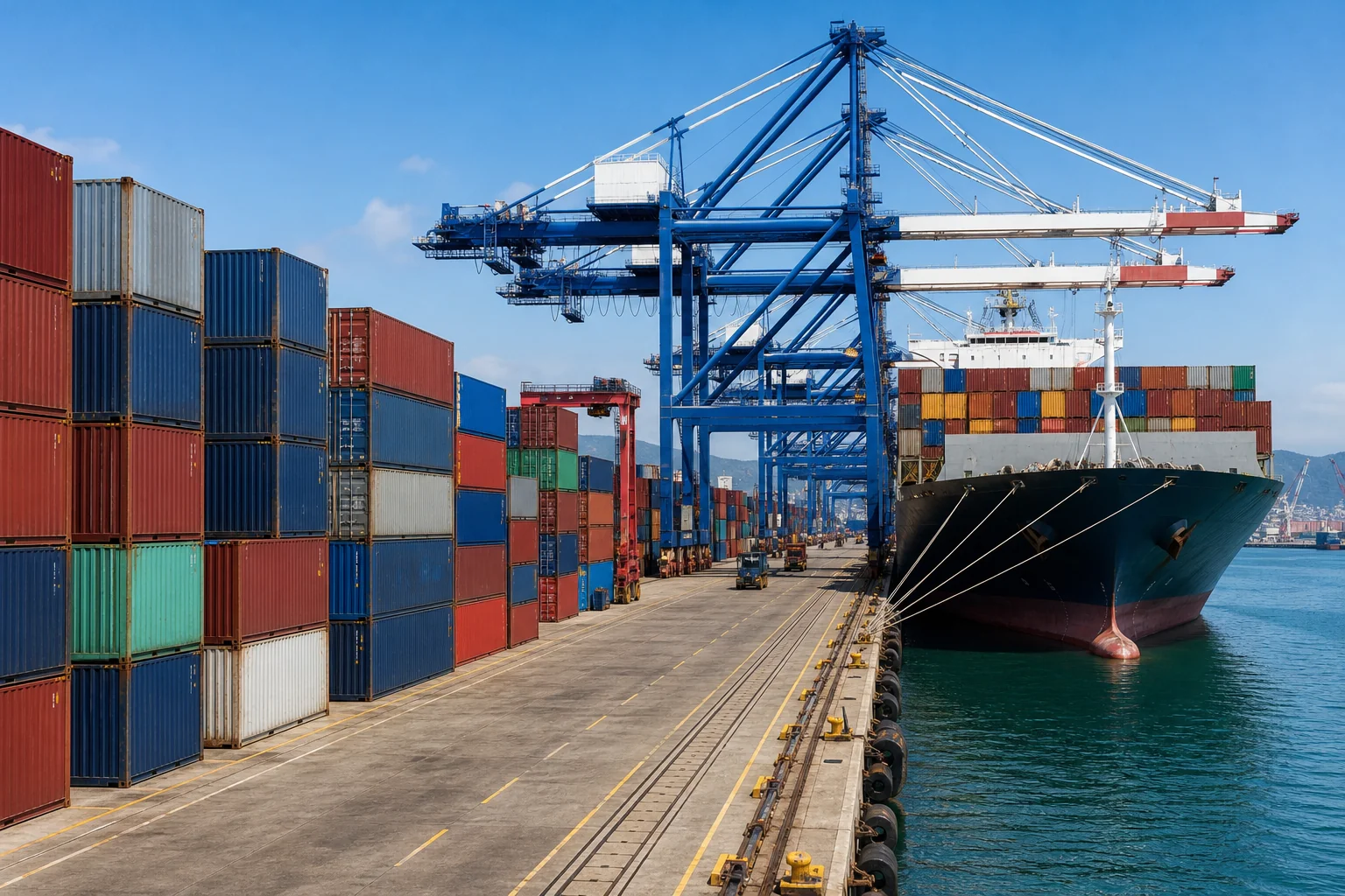 Stacked shipping containers at a port terminal with a container vessel berthed alongside gantry cranes
