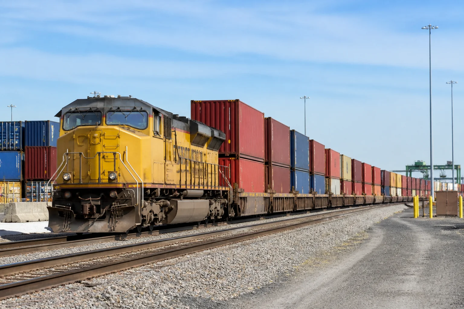 Freight train loaded with shipping containers travelling through an inland rail terminal