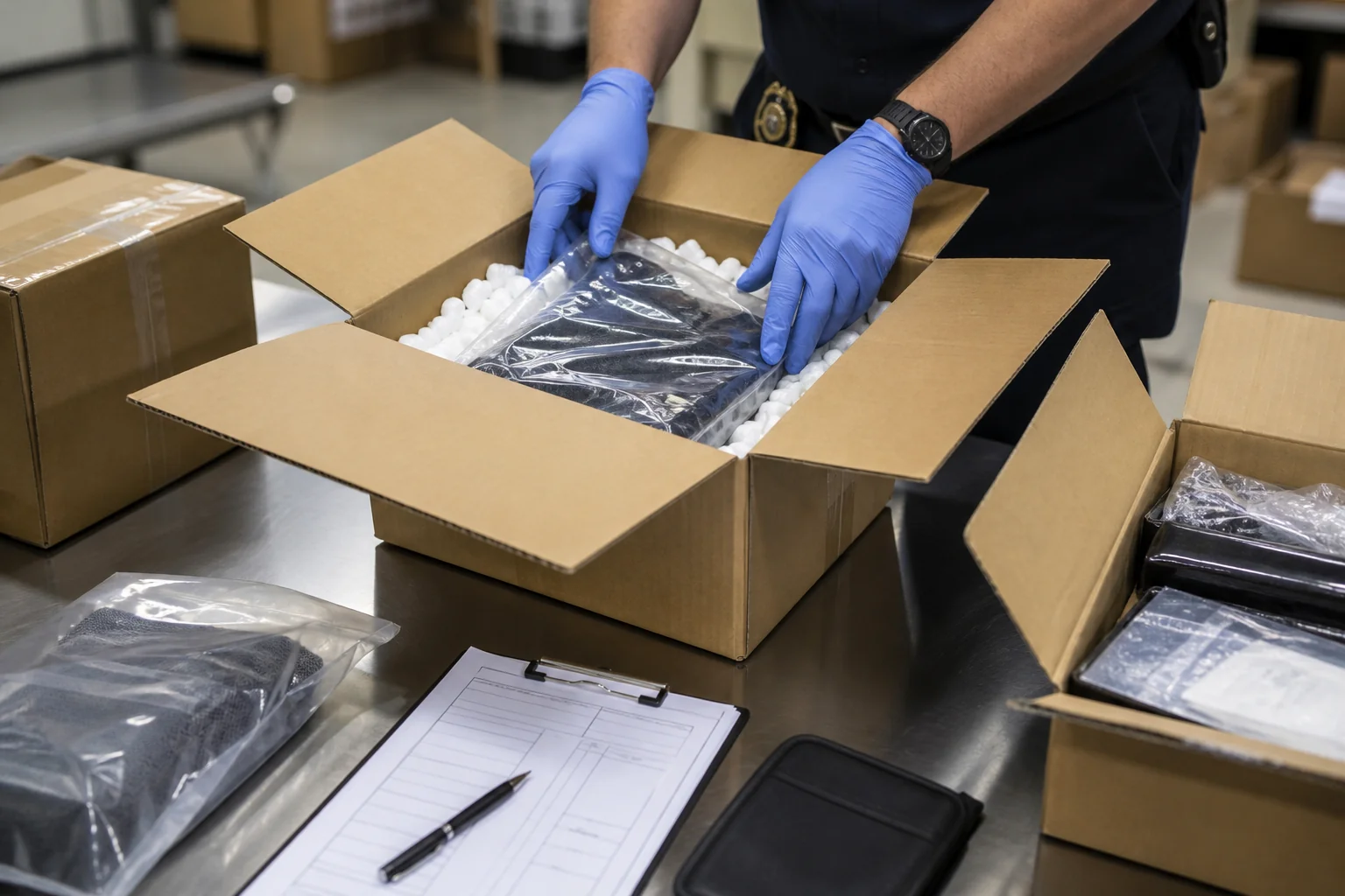 Customs inspection bench with shipping cartons opened for examination