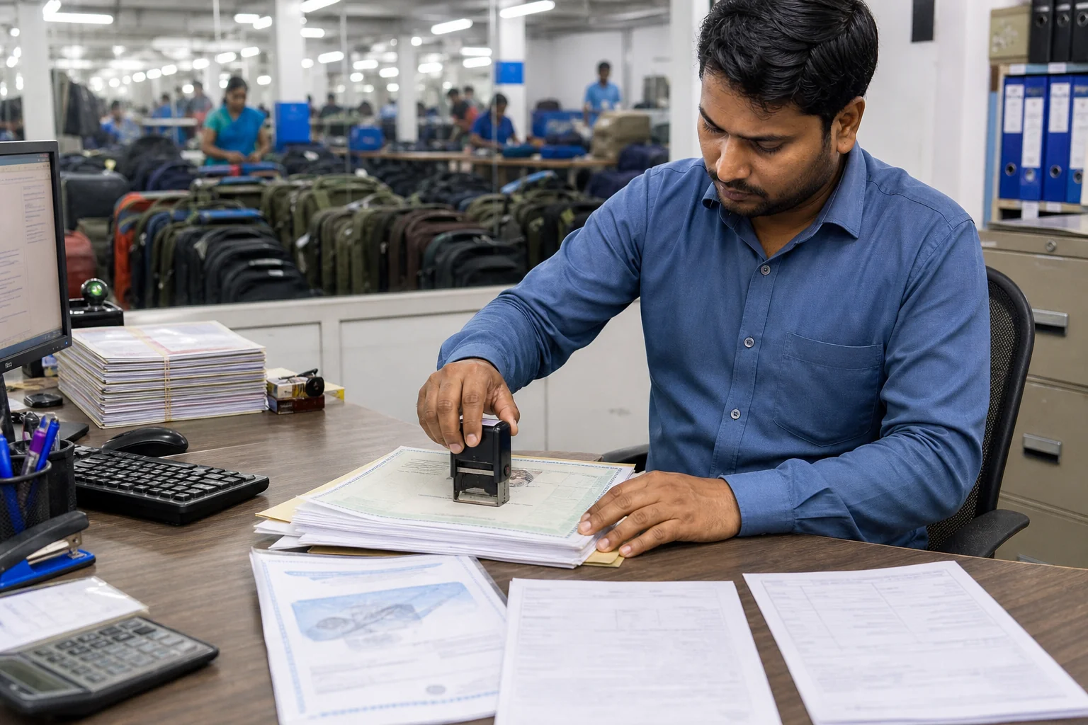 Export documentation office at a bag factory with documents being stamped at a desk