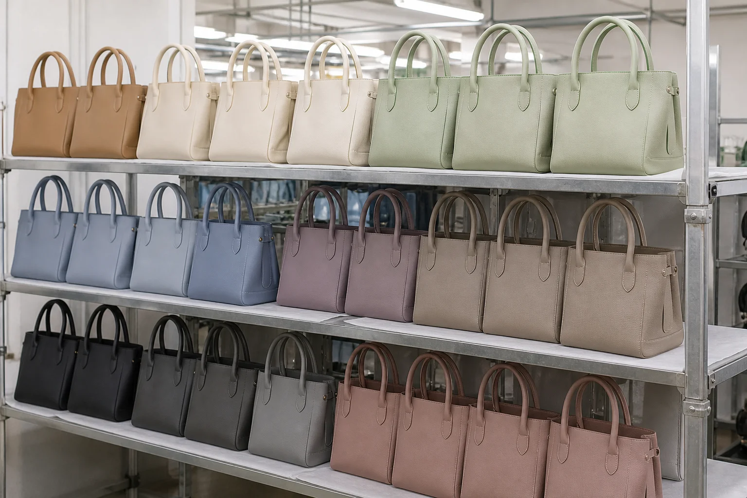 Finished PU leather bags in muted seasonal colours arranged on a factory finish rack