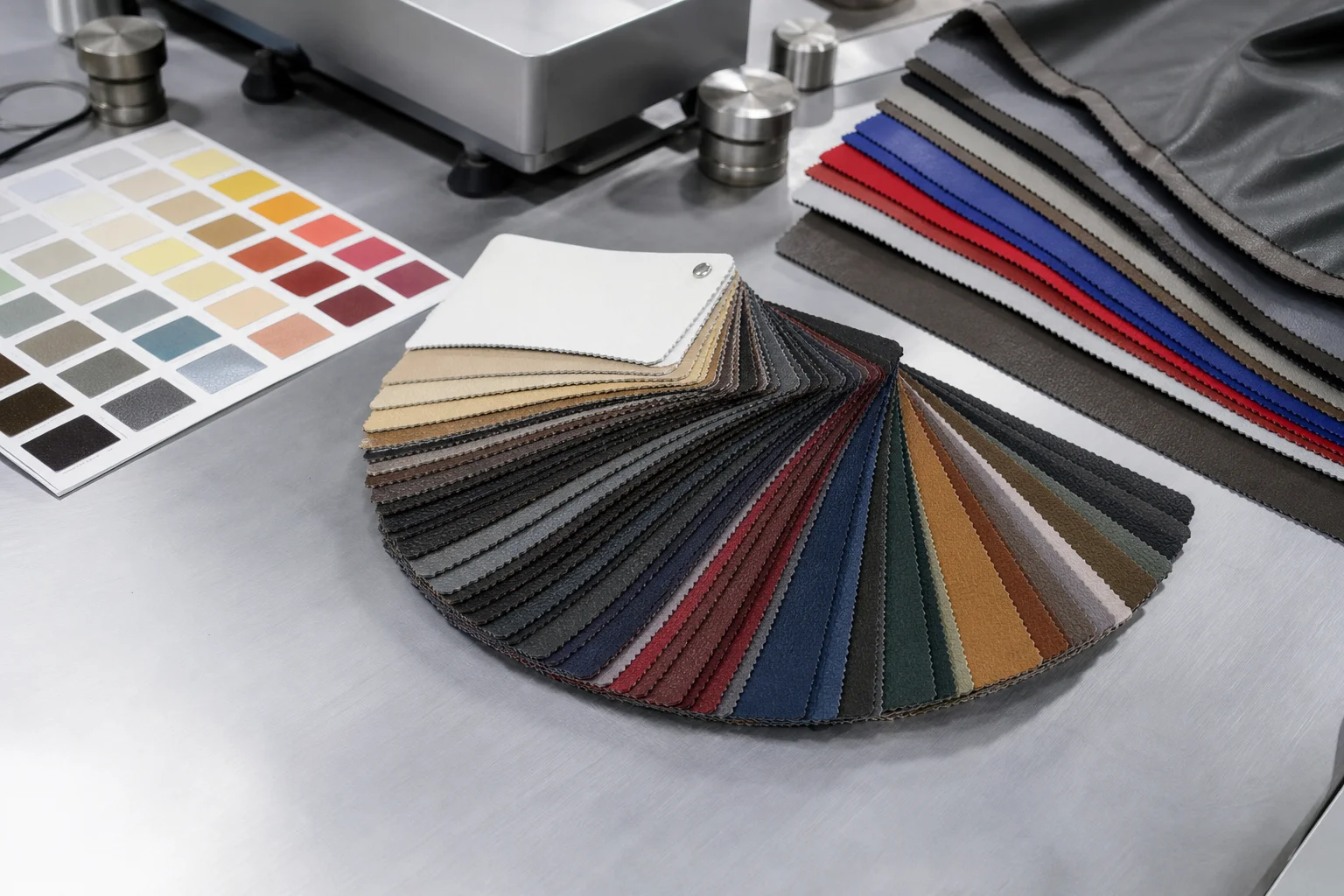 PU leather colour swatch fan and lab dip card on a factory colour approval bench