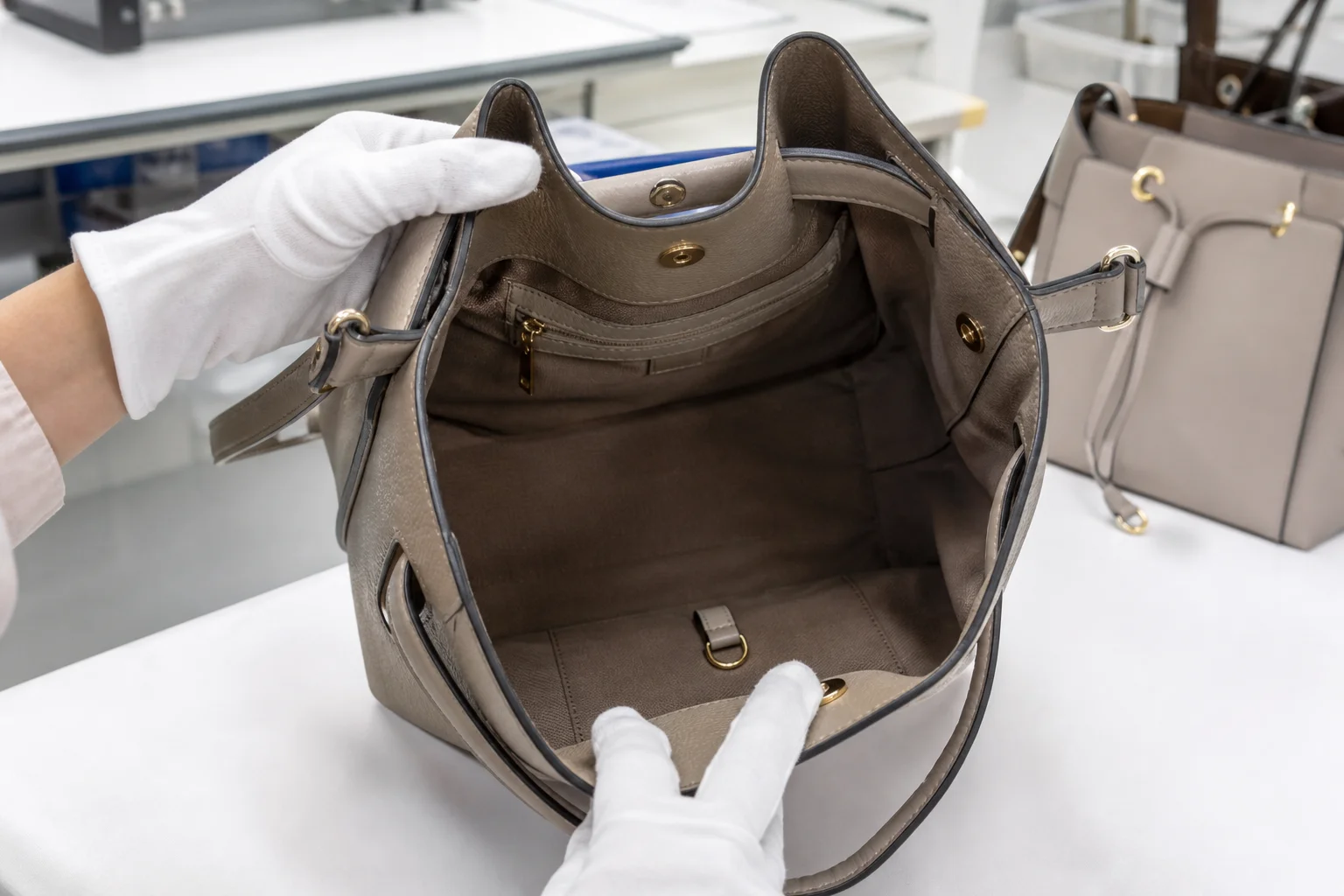 Quality inspection of a matte PU leather bag showing interior lining seams and hardware