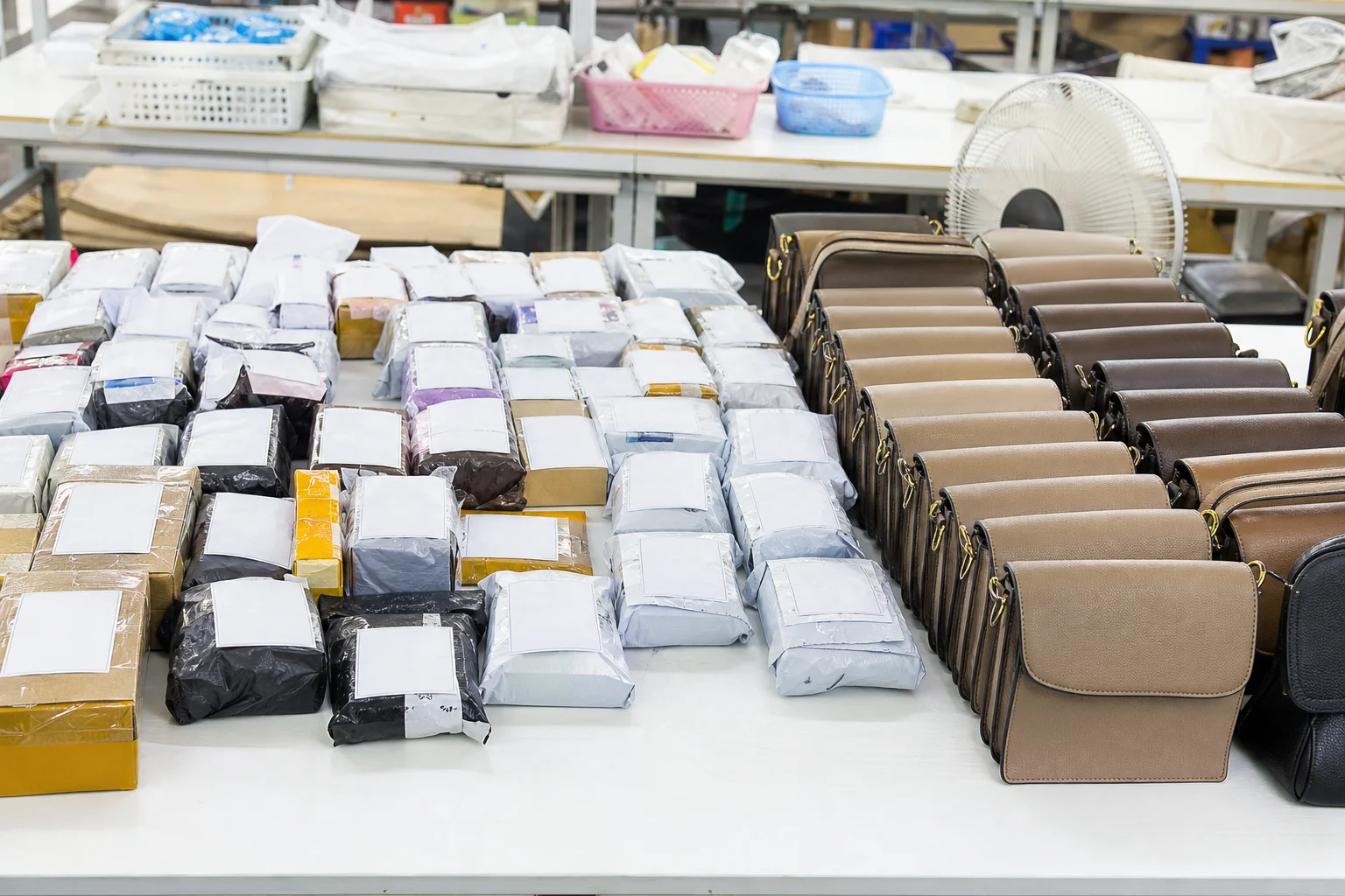 Factory packing bench with small parcels prepared for individual overseas delivery beside finished PU leather bags