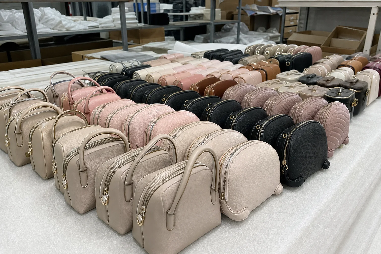 Small mixed-style PU leather bags on a factory packing table awaiting individual order fulfilment