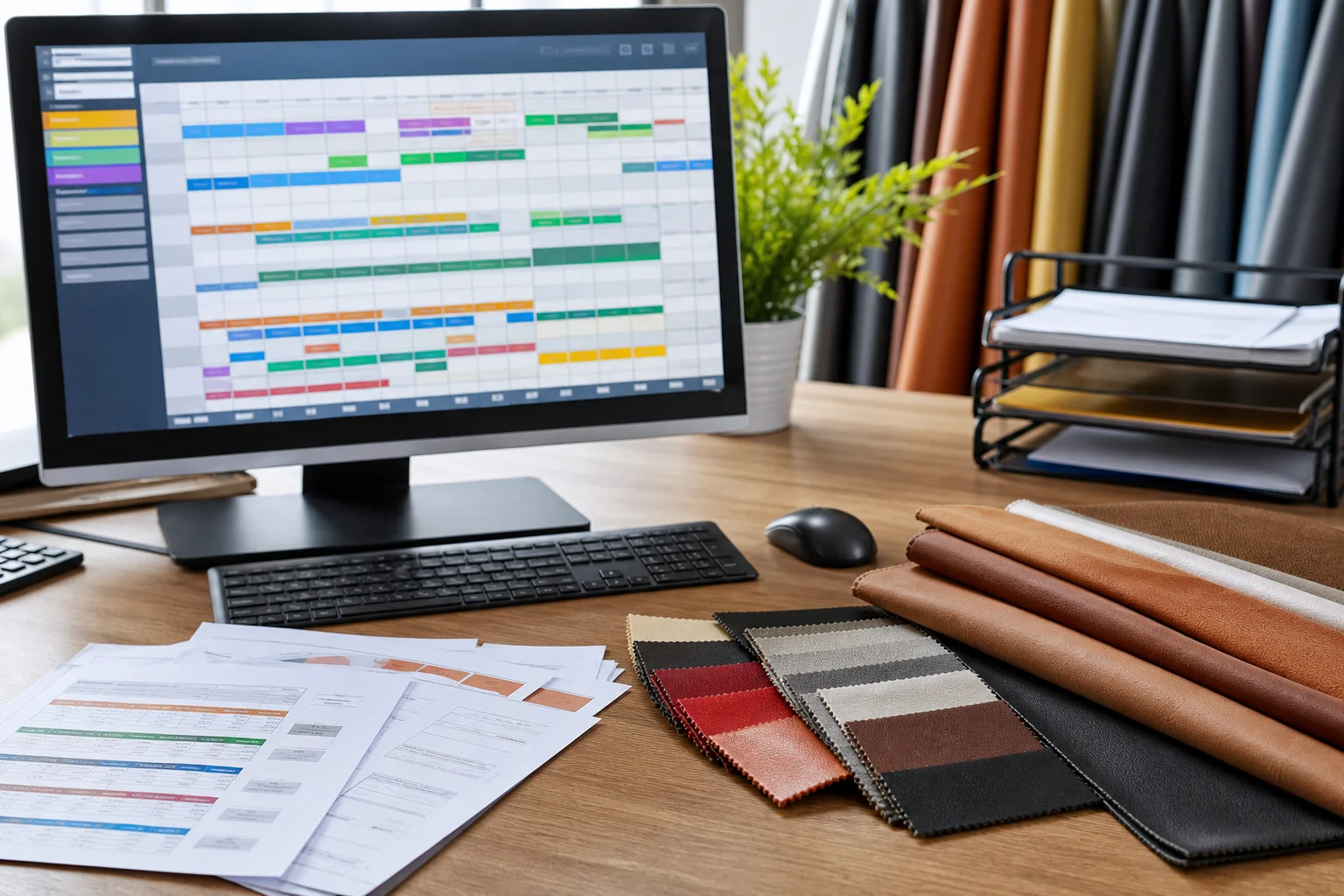 Production planning screen and printed order sheets beside PU leather material swatches