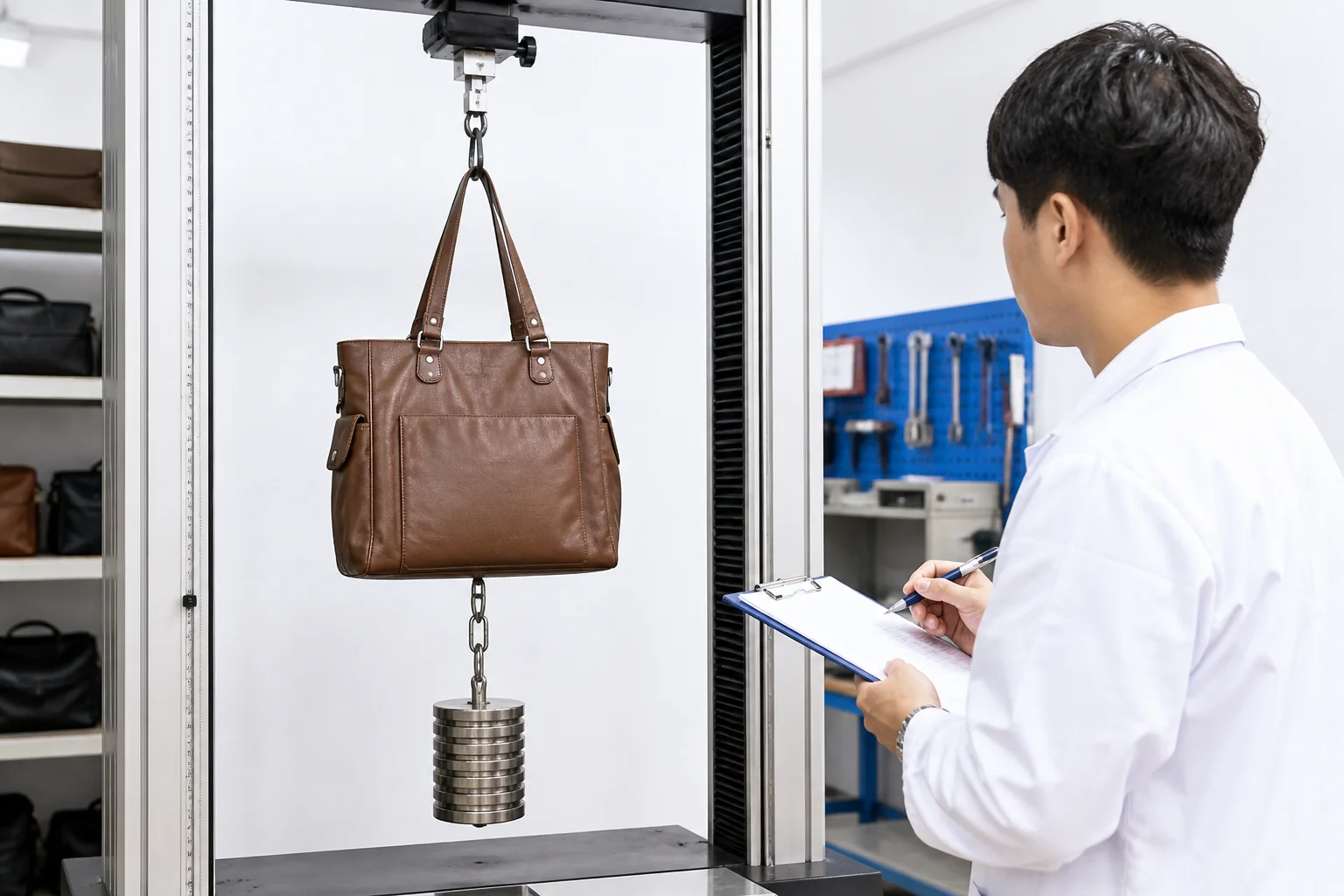 Bag factory testing bench with a loaded PU leather bag suspended from a rig during a load test