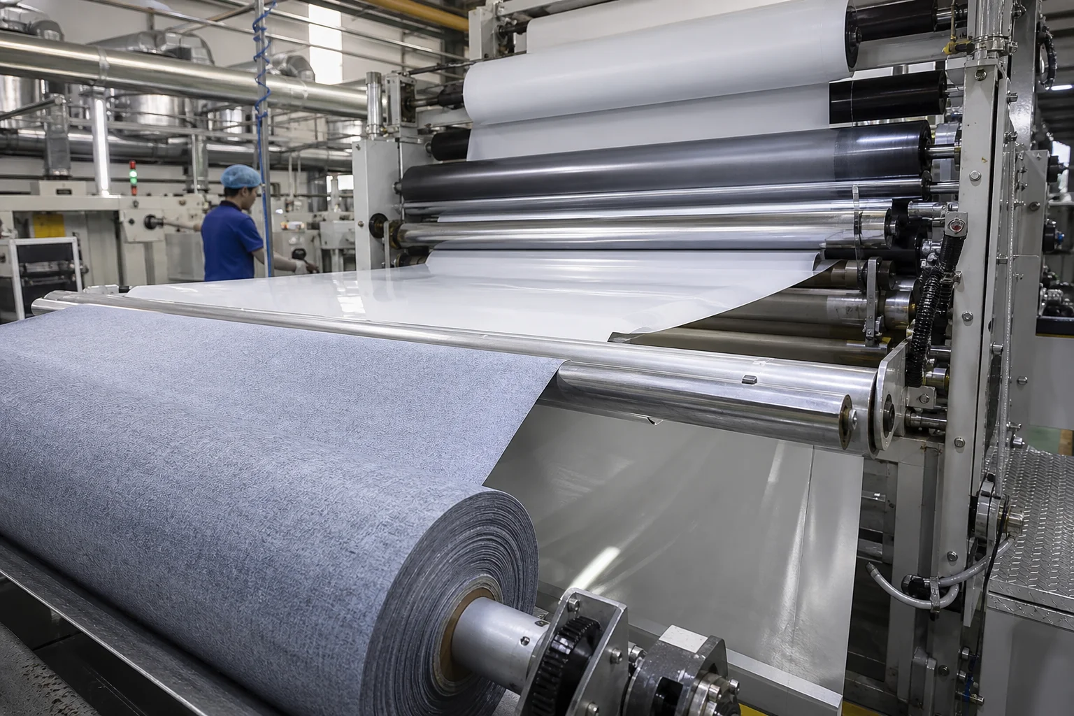 Industrial laminating line bonding a coated surface to a backing fabric over heated rollers