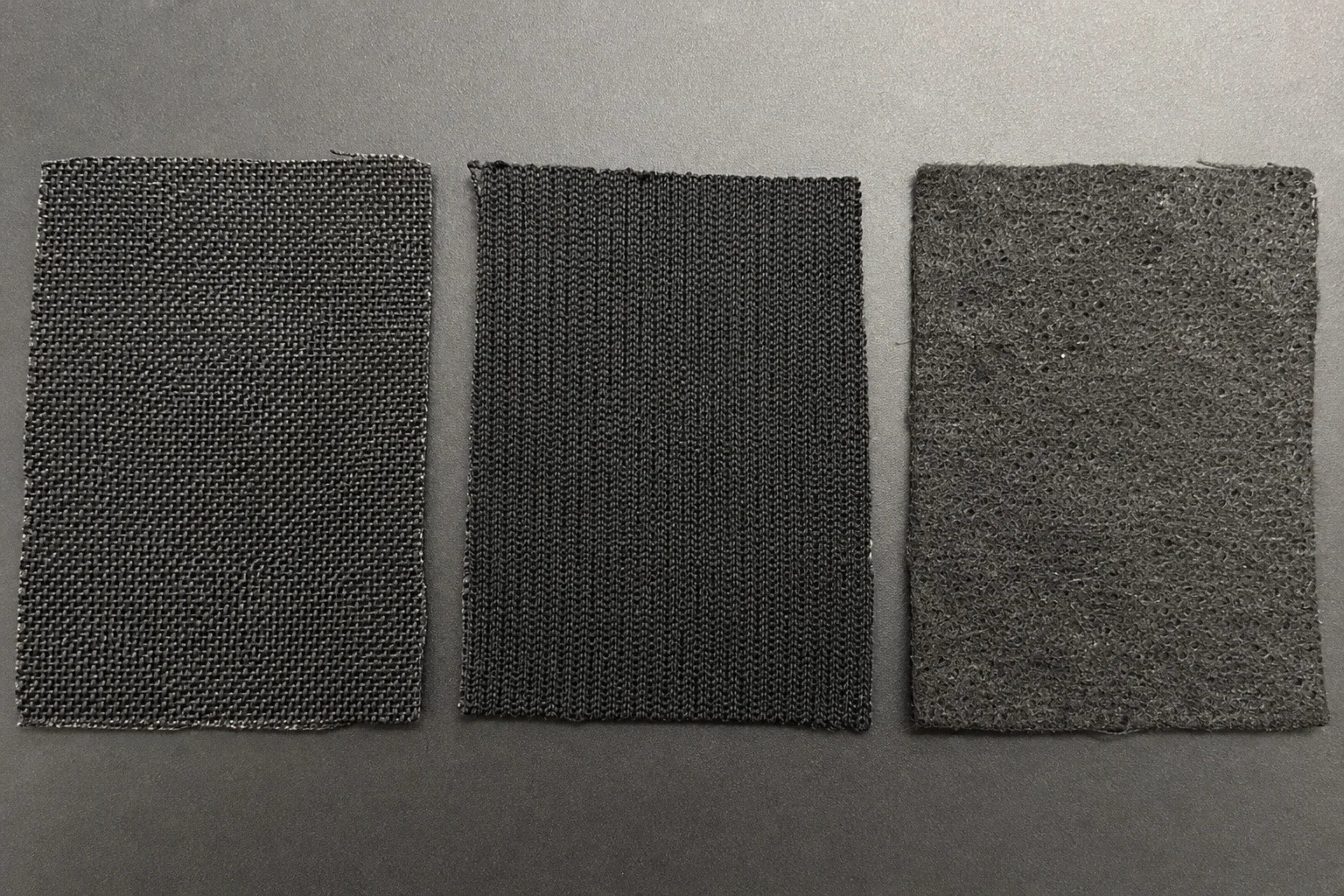 Three PU leather backing fabric swatches showing woven, knitted and non-woven substrate textures