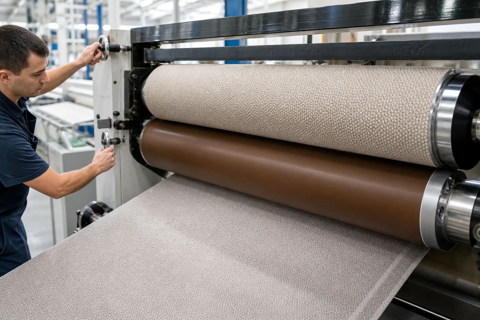 Factory embossing station pressing a grain pattern into coated fabric with a heated roller