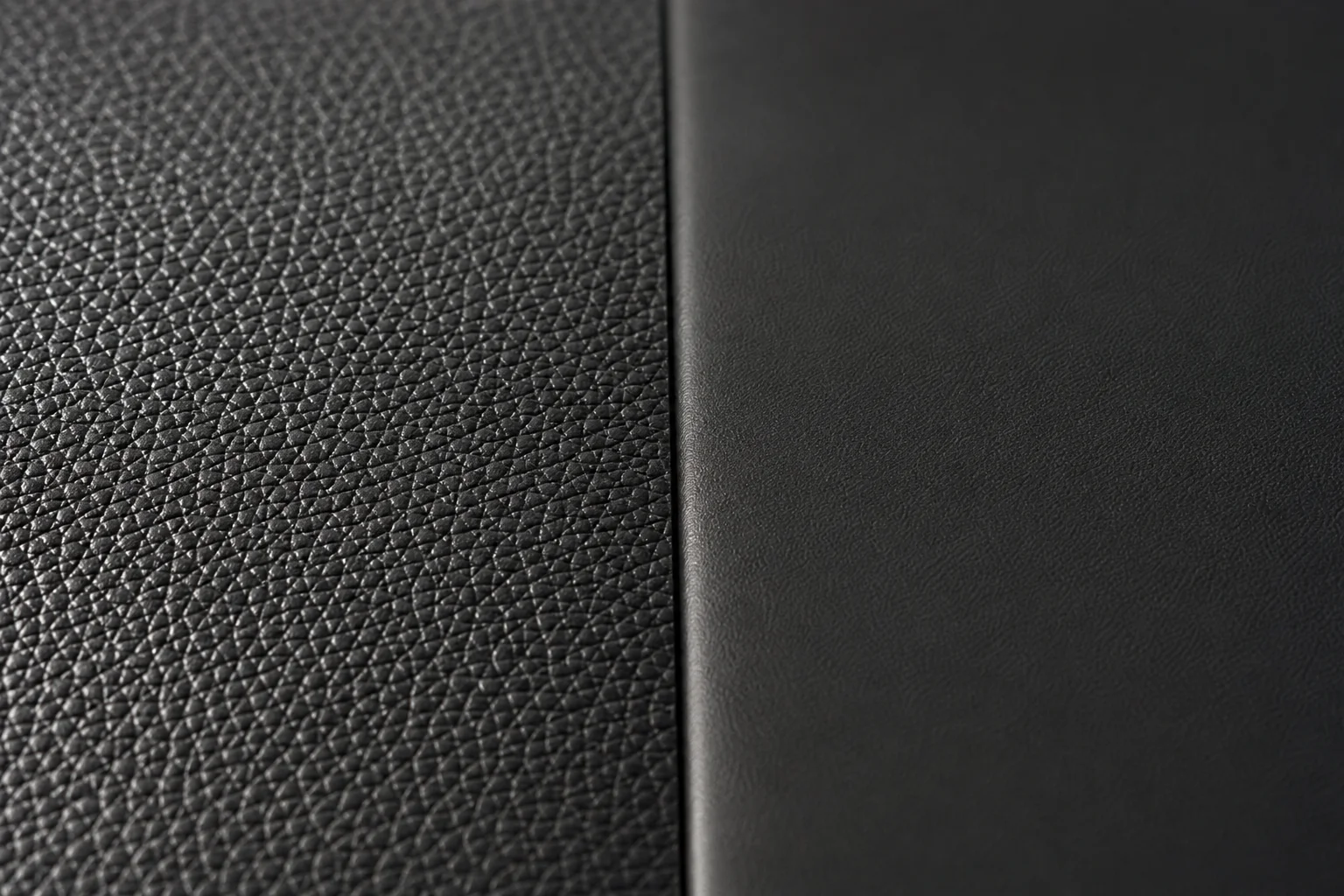Macro comparison of fine pebbled grain and smooth PU leather surfaces under raking light