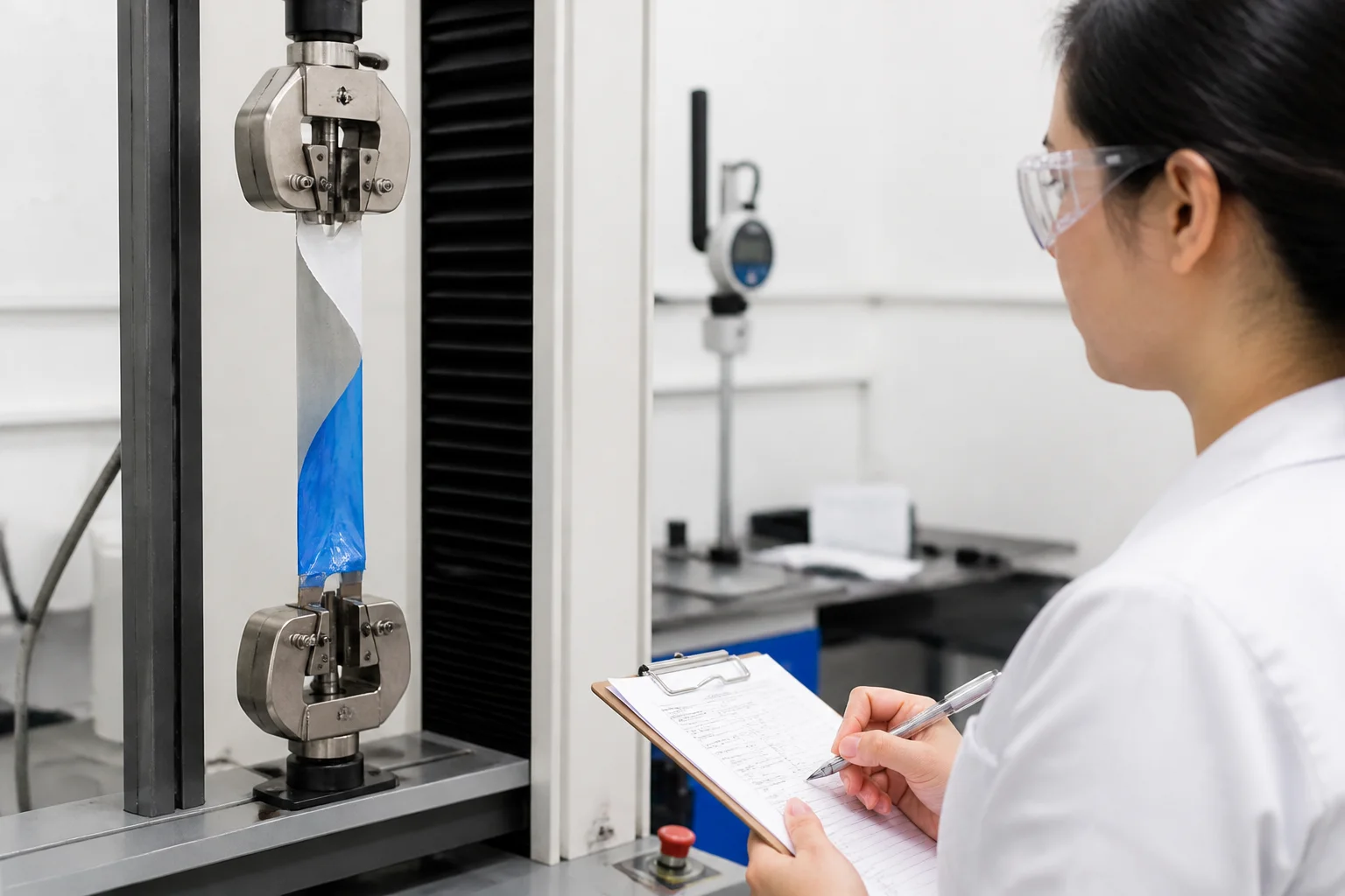 Peel test on a bonded bag panel in a quality lab with a technician recording the result