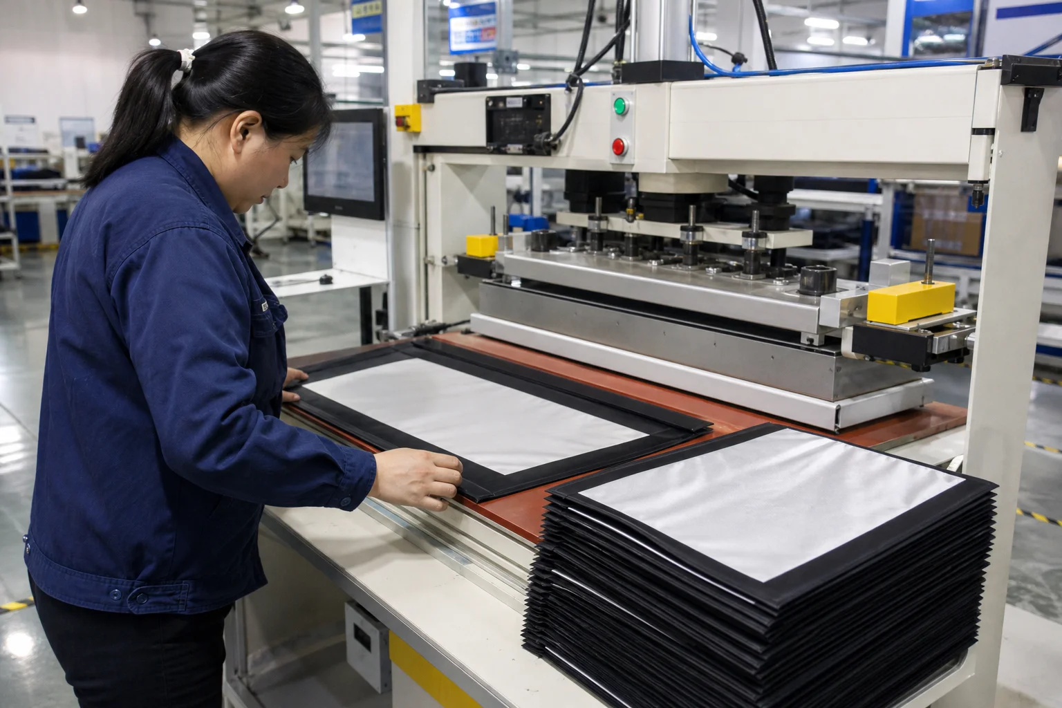 Bag factory bonding station laminating lining to coated fabric panels with a heated press