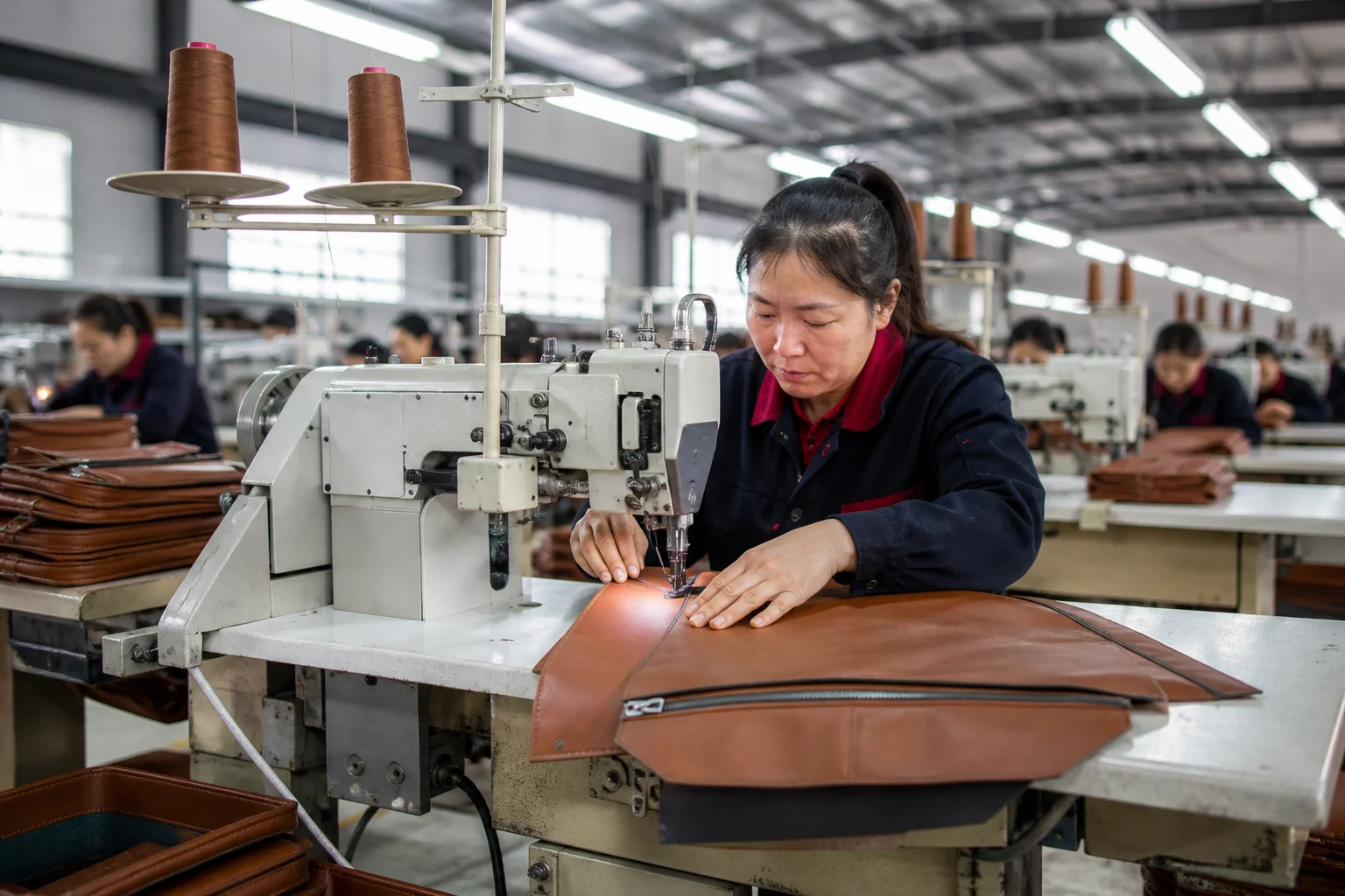Bag factory sewing line with industrial lockstitch machines and thread cones mounted above each head