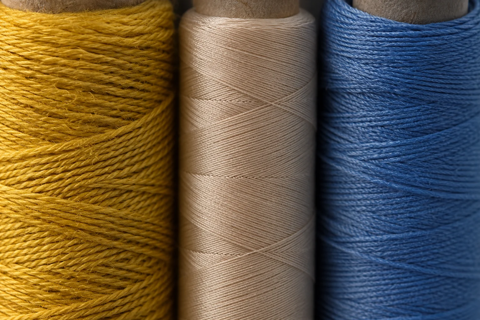 Three bonded sewing threads on a spool rack showing fibre twist and sheen differences