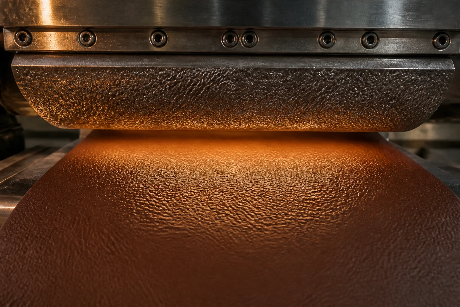 Embossing plate with a grain pattern mounted in a heated press above PU leather