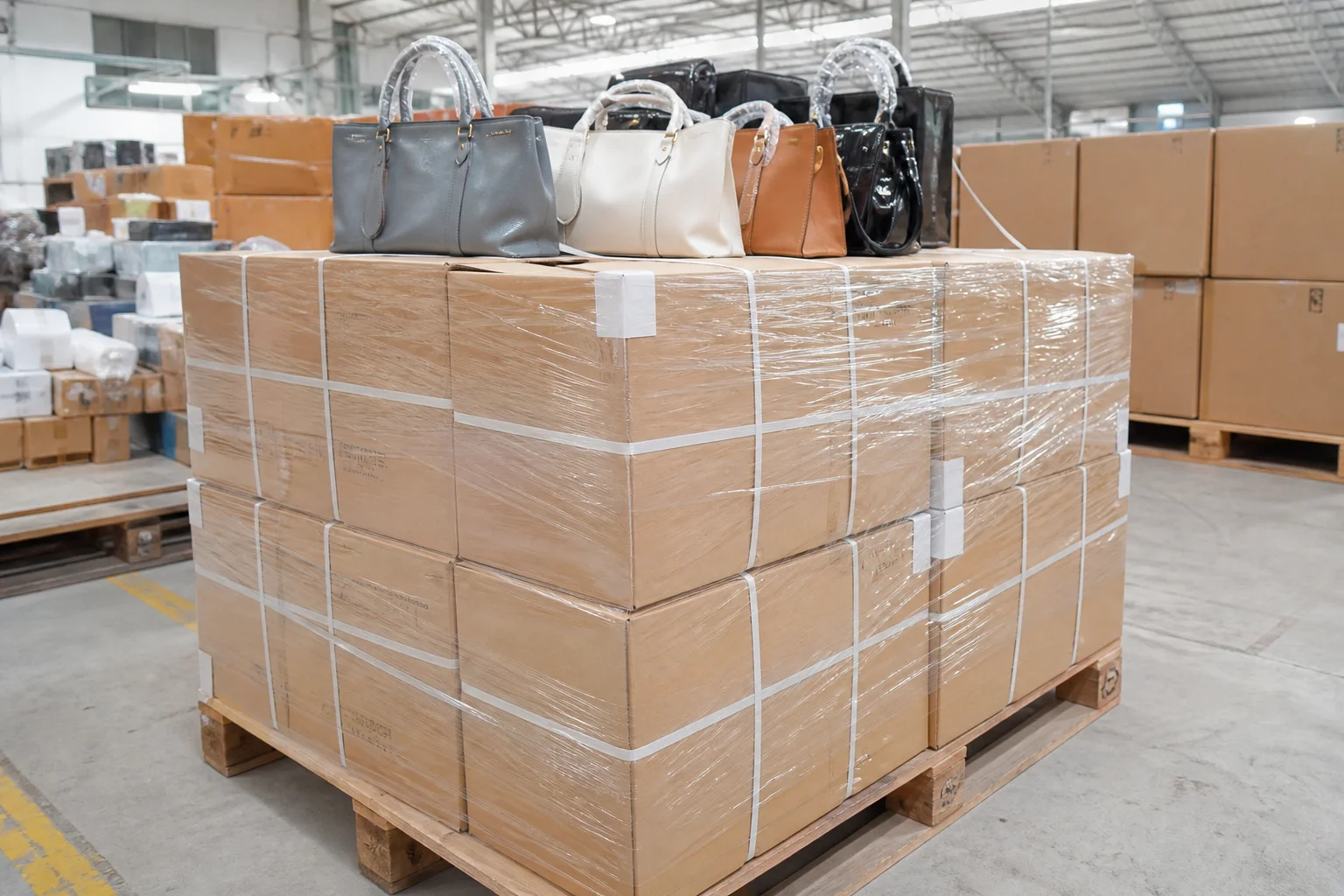 Cartons of finished PU leather bags stacked and wrapped on a pallet ready for export