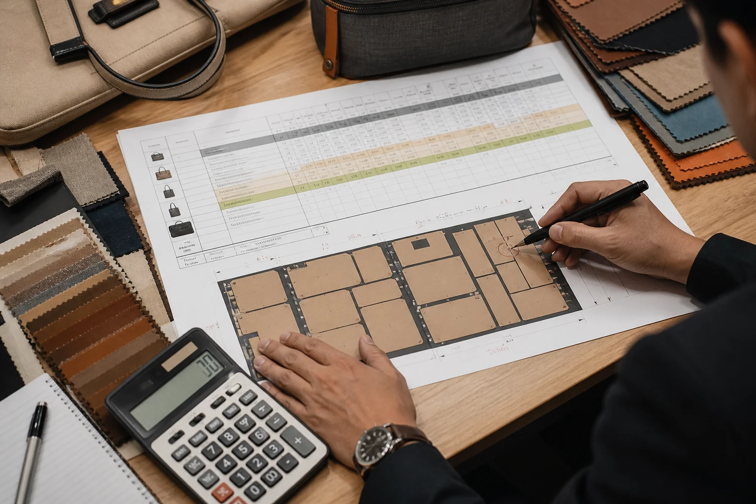 Cost review table with a cutting layout diagram, material swatches and a planner annotating the layout