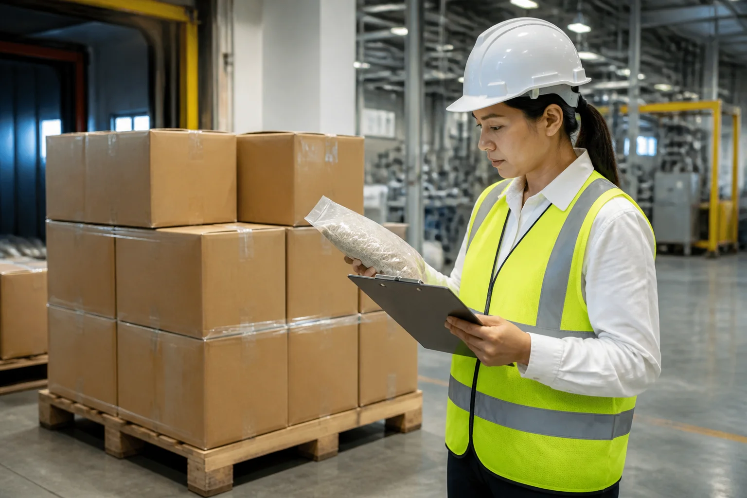 Warehouse receiving area where a QC inspector checks an arriving bag against a clipboard