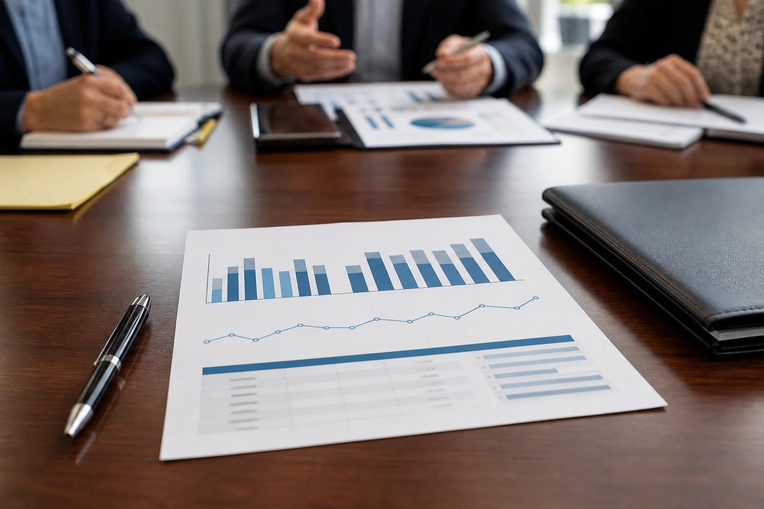 Procurement review table with a printed vendor performance scorecard and trend line
