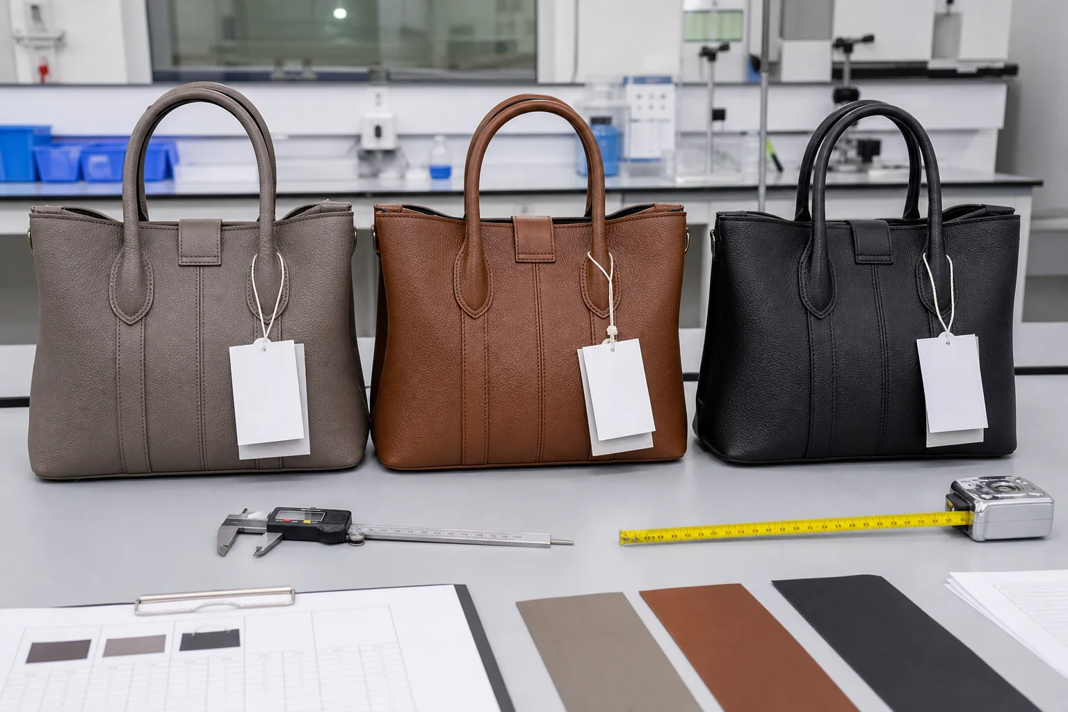 Three PU leather bag samples from different suppliers on a QC bench with caliper and measuring tape