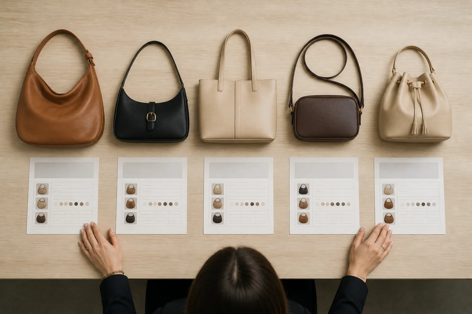 Five PU leather bag styles laid out for a range review with spec cards