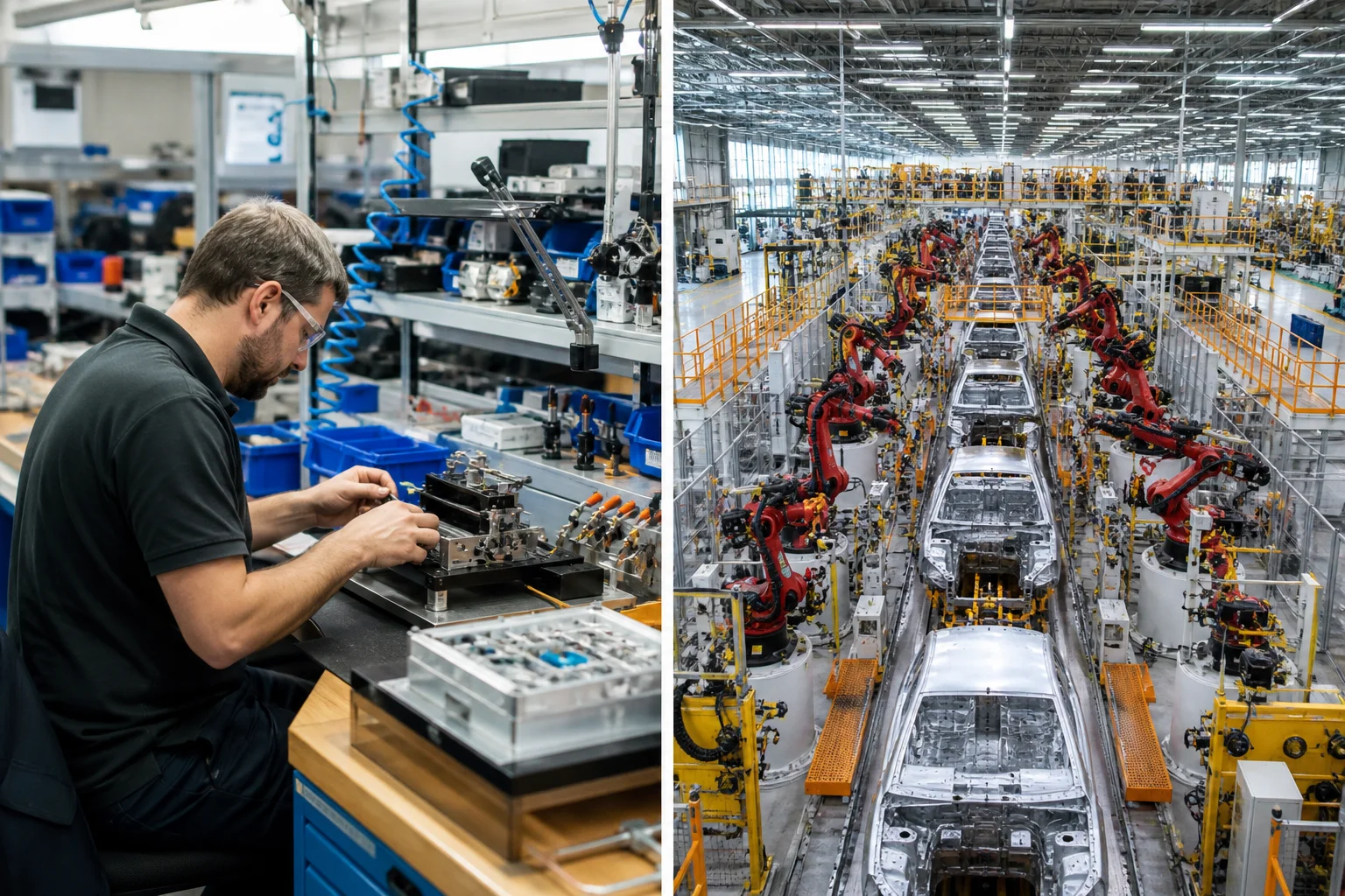 Small specialist assembly workshop compared with a large multi-line bag plant
