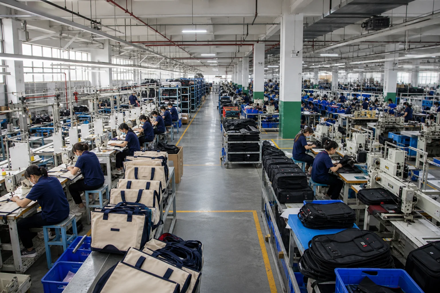 Bag factory floor with separate production lines running different bag styles at once