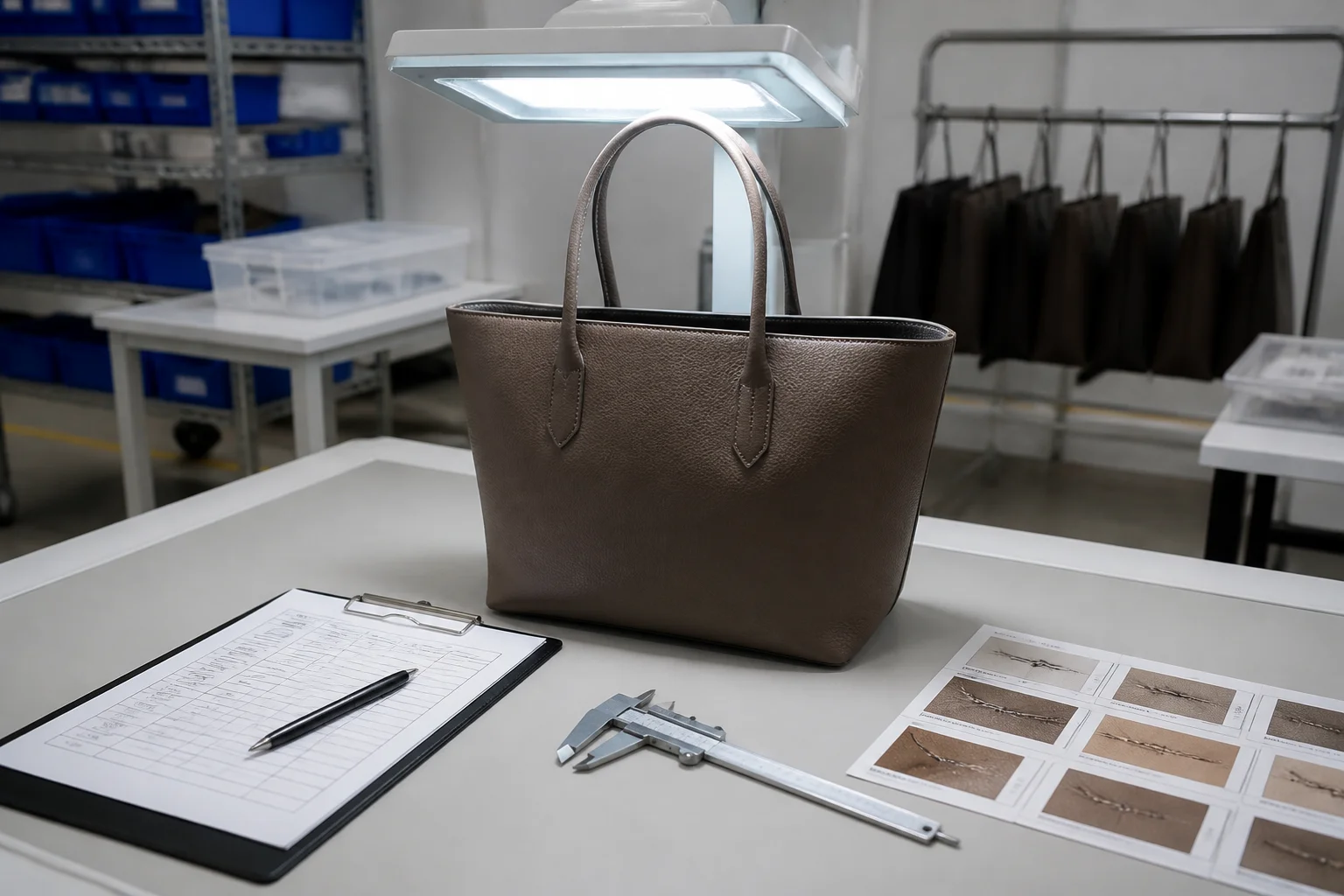 Bag quality inspection bench with a PU leather tote under an inspection lamp and a defect reference set