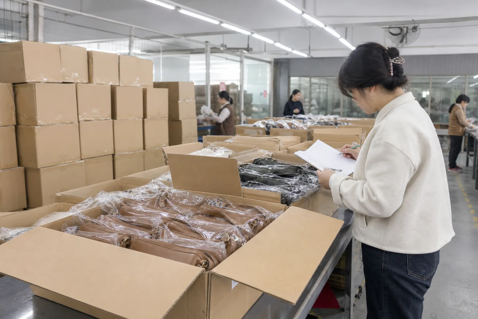 Cartons opened for sampling in a bag factory inspection area with an inspector counting units