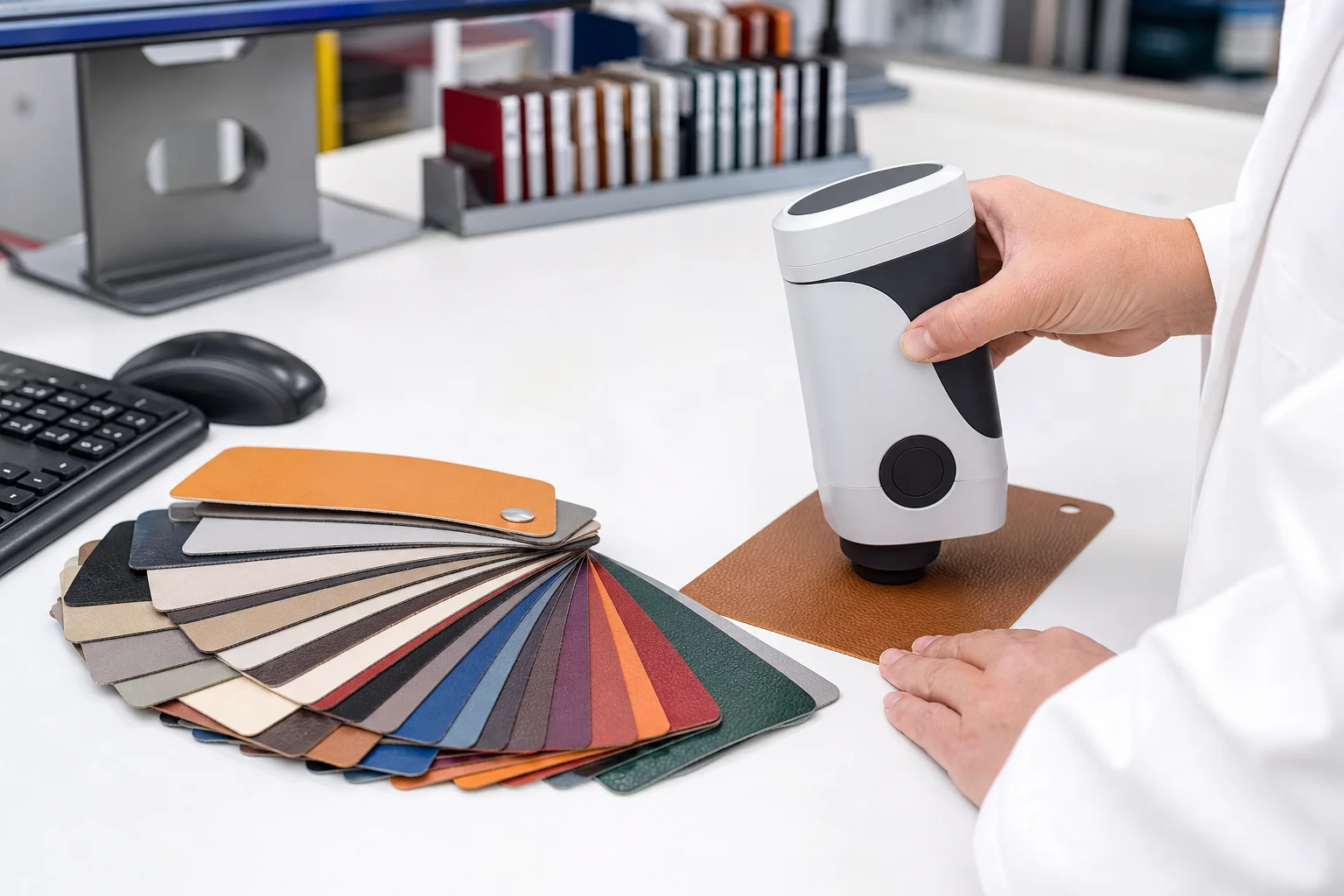 Colour matching station with a spectrophotometer reading a PU leather panel beside standard chips
