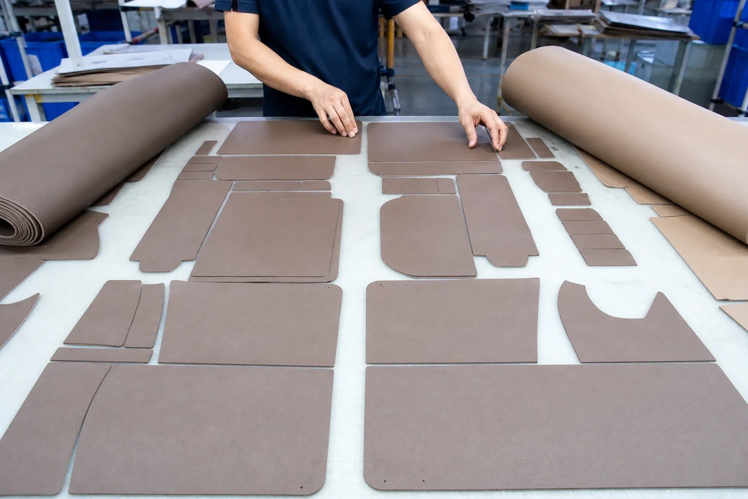 Cutting table where panels from two rolls are arranged so shade matches within one bag