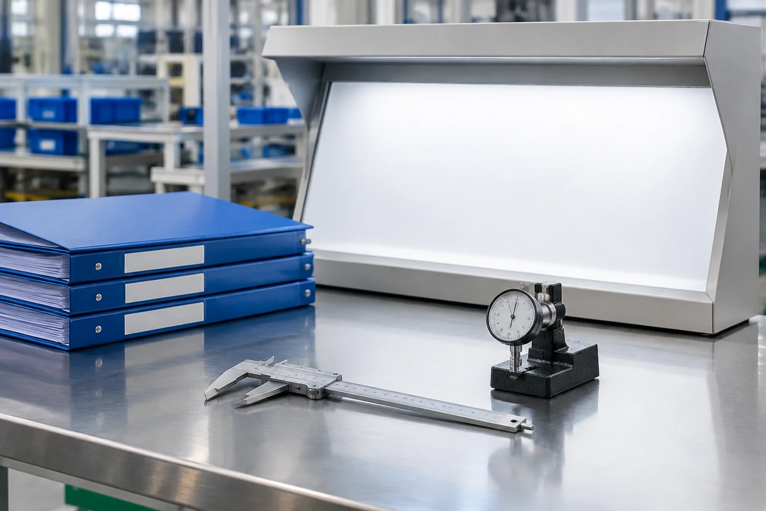 Factory quality control station with a light box, inspection record folders and measuring gauges