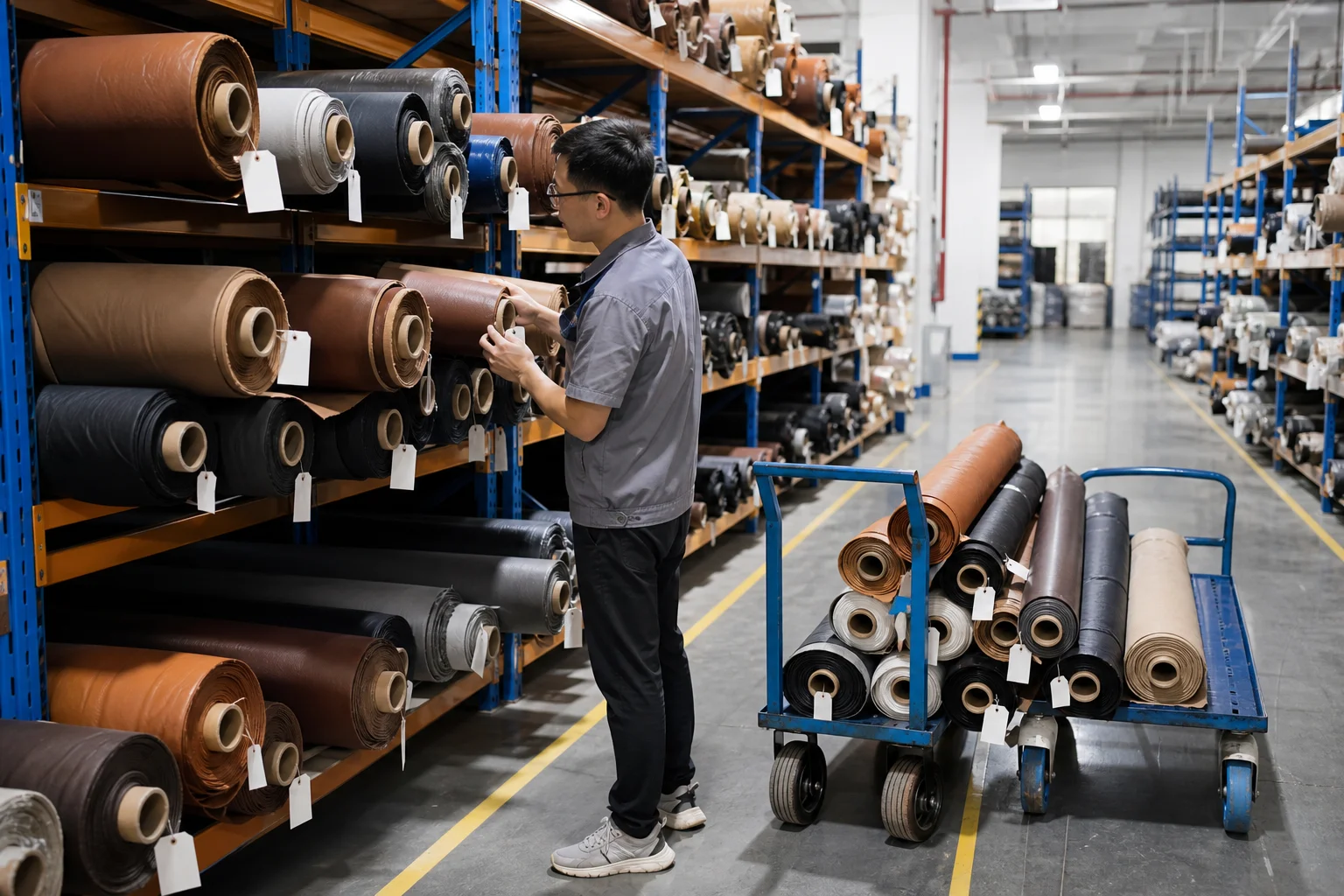 Material warehouse with PU leather rolls on racks and an inspector checking a roll end
