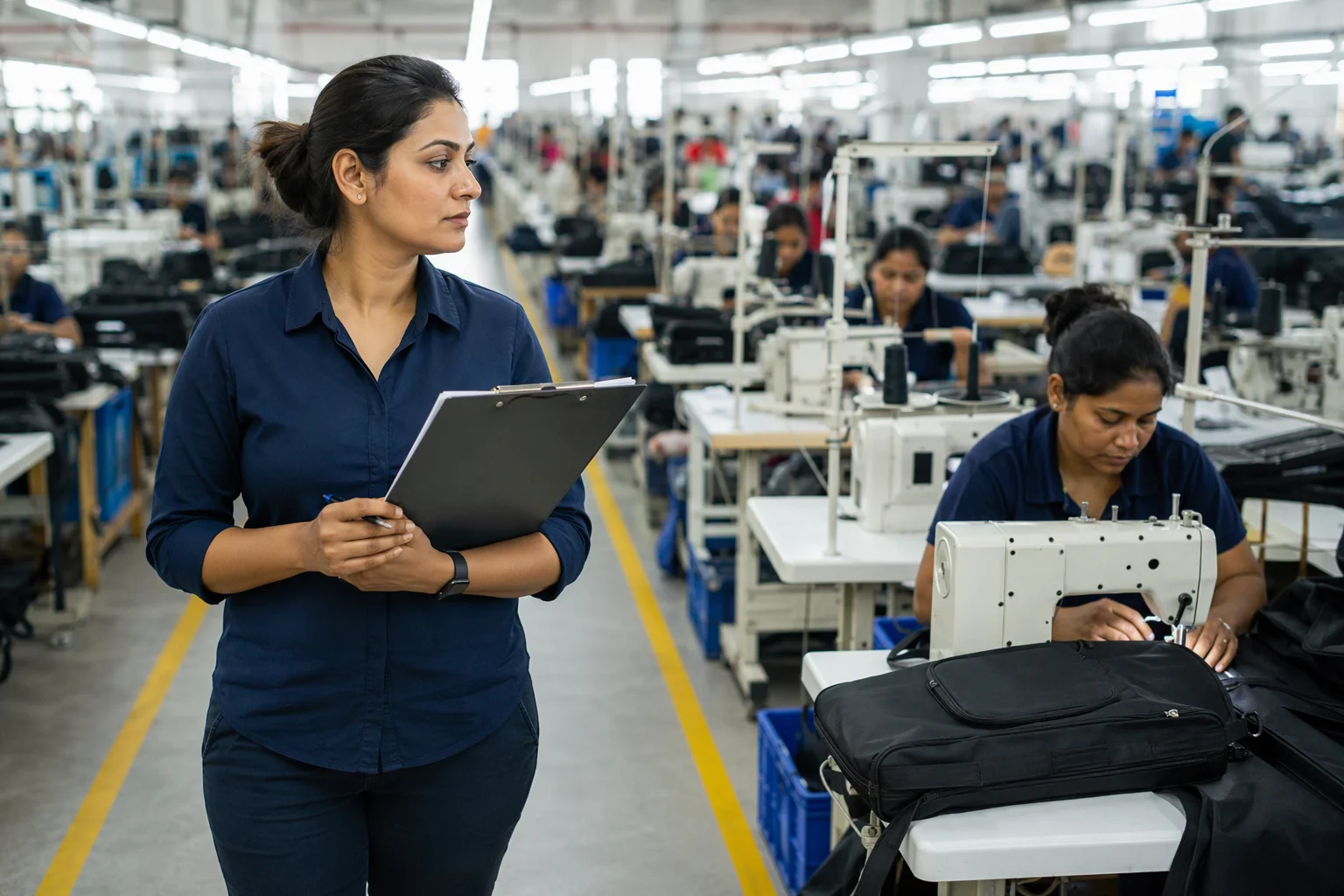 Quality auditor walking a bag factory sewing line with a checklist while operators work